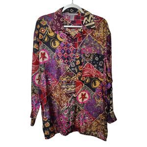 Vintage 90s Robert Stock Womens Sz M 100% Silk Blouse Patchwork Boho Art to Wear